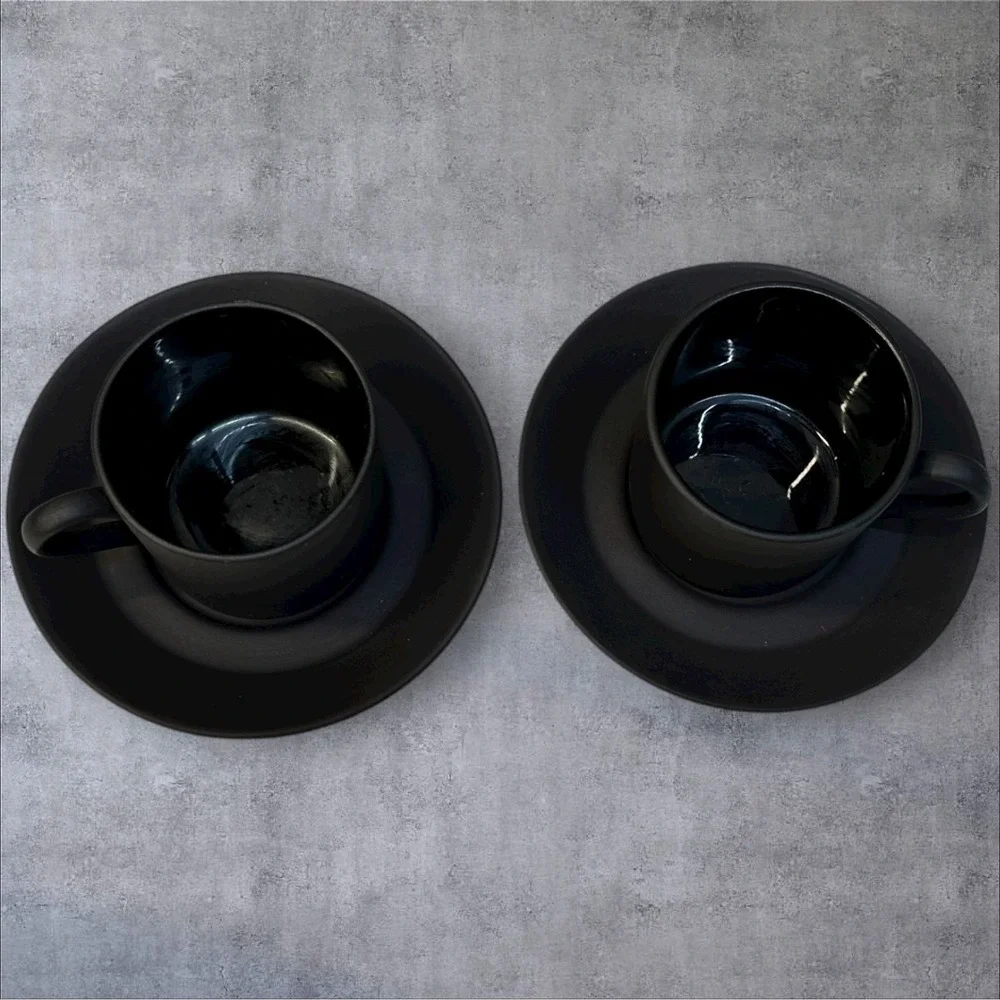 2 WEDGWOOD BASALT BLACK Bond Shape Demitasse‎ Espresso Cup & Saucer Set England